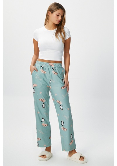Kadın Teddi Ultra Yumuşak Cepli Mint Penguen Desen Yılbaşı Pijama Altı Mint