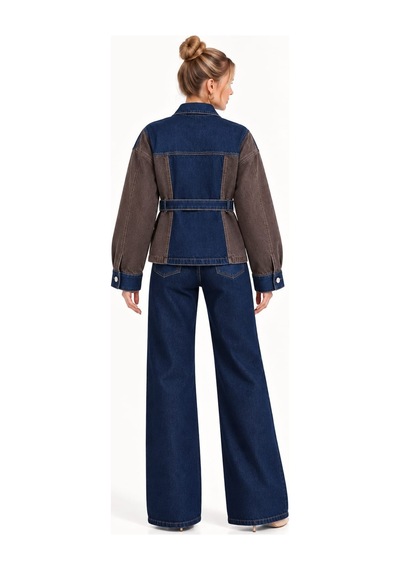 Saade Lacivert Belden Bağlamalı İki Renkli Denim Ceket Ve Pantolontakım