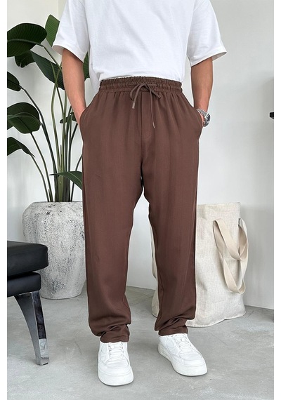Kahverengi Tensel Kumaş Basic Baggy Pantolon Kahverengi