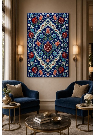 Osmanlı Çini Desenli Baskılı Cam Tablo Nar Ve Lale Motifli Uv Baskı Duvar Dekoru