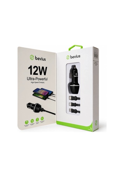 3 Ü 1 Arada Kablo + Başlık Siyah 12w Araç Şarj Cihazı Bevius Bvs-au512