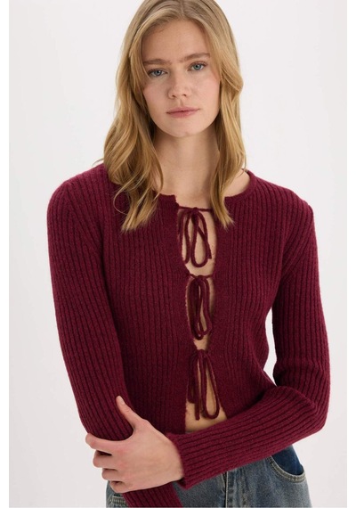 DeFacto Regular Fit Bisiklet Yaka Bağlamalı Basic Düz Triko Bordo Hırka E6914AX25SPBR188 Bordo