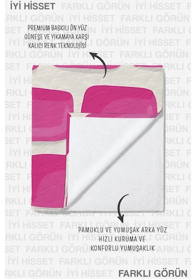Geometrik Soyut Pembe Plaj Havlusu - Modern Minimalist Fuşya Beyaz Hızlı Kuruyan Mikrofiber Havlu Çiy Kıyısı