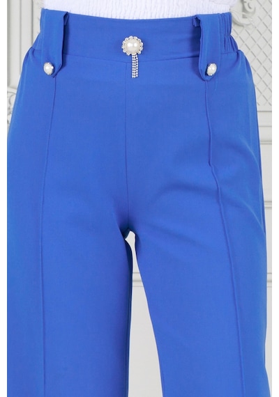 Sevitli İnci Broşlu Çımalı Bol Paça Pantolon-mavi-3695-mavi Mavi