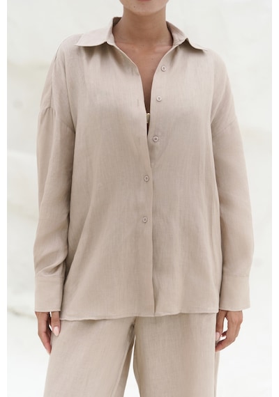 Mai Collection Mai Studios Co. Jelsomina Oversize Bej Keten Gömlek Pantolon Takım Bej