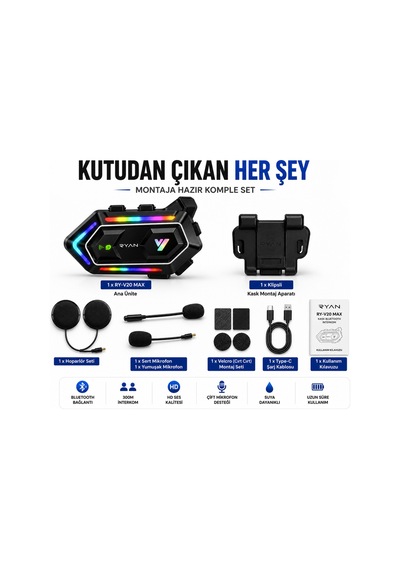 Motosiklet Kask Bluetooth İntercom Kask İnterkom Çift Mikrofonlu 300m Hd Ses