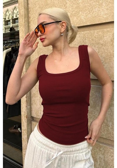Madmext Bordo Fitilli Görünümlü Askılı Basic Atlet Mg2057 Bordo
