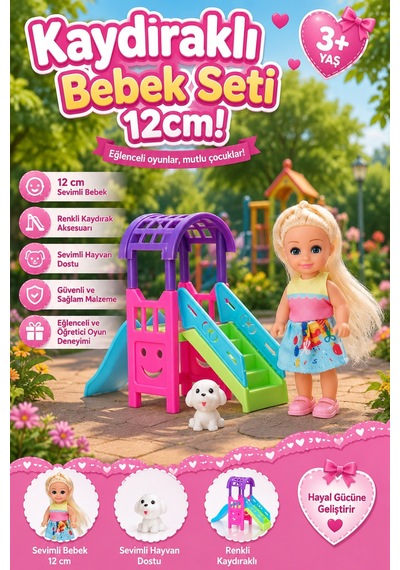 Kaydıraklı Mini Bebek Seti 12 Cm Sevimli Köpek Figürlü Kız Çocuk Evcilik Oyunu