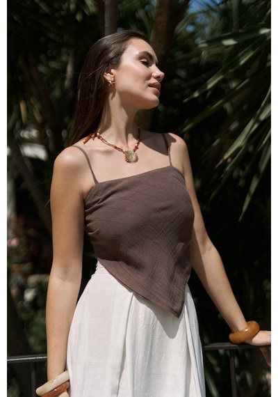 Mai Collection Mai Studios Co. Kita Üçgen Detay Çizgili Kahve Keten Crop Kahve
