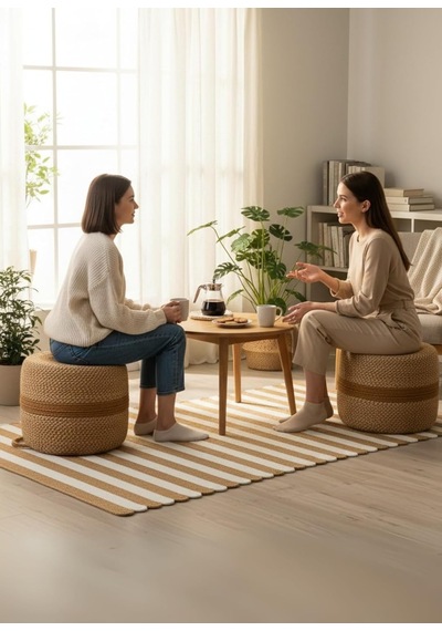 Natureline Jüt Puf Salon Pufu Antre Puf Makyaj Masası Ve Yatak Odası Banyo Puf Teras Veranda Ve Balkon Uyumlu Hasır Dekoratif Dayanıklı Ve Çok Amaçlı Puff Hasır-beyazkırçıl