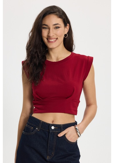 Tudors Kadın Slim Fit %100 Pamuk Pileli Yumuşak Doku Bordo Bisiklet Yaka Crop Bluz-50395