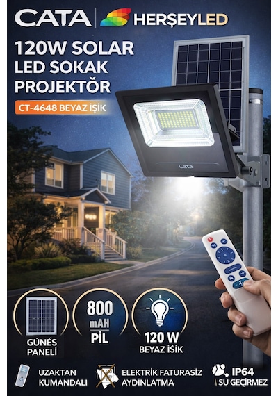 Cata Ct-4648 120w Solar Led Sokak Projektör Kongo Beyaz Işık Cata
