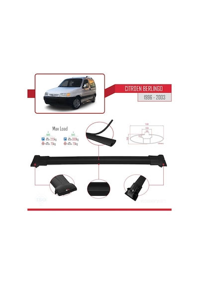 Citroen Berlingo 1996-2003 Arası İle Uyumlu Fly Model Ara Atkı Tavan Barı Siyah 4 Adet Bar