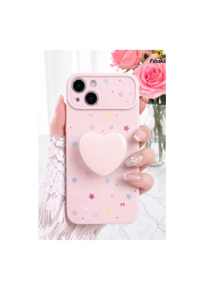 Fibaks iPhone 13/14 Uyumlu Kılıf Pembe Kalpli Pop Soketli 3d Kalp Detaylı Yıldız Desenli Kamera Korumalı