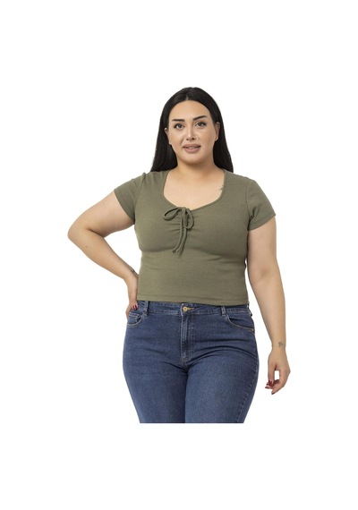 Disentis Büyük Beden Yarım Kollu Göğüste Bağcık Detaylı Kaşkorse Haki Body-haki Haki