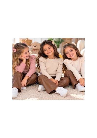 Messlife Şık Triko Üst & Deri Görünümlü Pantolon Kız Çocuk Takımı Pembe - 930461779 Pembe