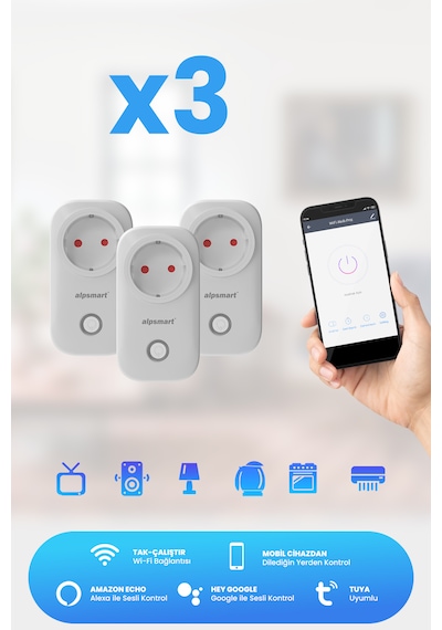 Alpsmart As816 Eu 3 Lü Set Wifi Akıllı Priz Uzaktan Kontrol Tuya