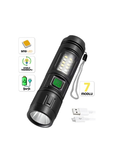 7 Mod Şarjlı El Feneri Zoomlu Type-c Cob Led Lamba Acil Durum Işığı 4228 Siyah