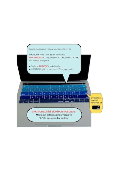 Türkçe Q Keyboard Cover Macbook Pro Touch Bar 13 İnç 15 İnç Uyumlu A1706 A1989 A2159 A1707 A1990 Us Ansı Amerikan Düz Enter Silikon Klavye Koruyucu Lacivert Mavi