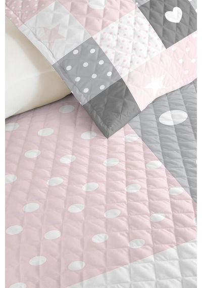 Evimde Bambaşka Kalp Ve Puanlı Pembe Kız Çocuk Pike Takımı-patchwork Gri Pastel Bebek Odası Yatak Örtüsü-160x220  CM