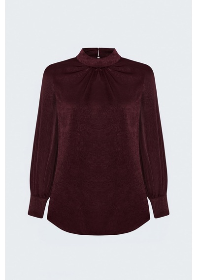 Sateen Uzun Kollu Bluz - Bordo-137849