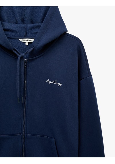 Koton Pullu Payetli Dansçı Sweatshirt Melek Kanat Detaylı Kapüşonlu Rahat Kalıp Fermuarlı Lacivert 7wal10495ık