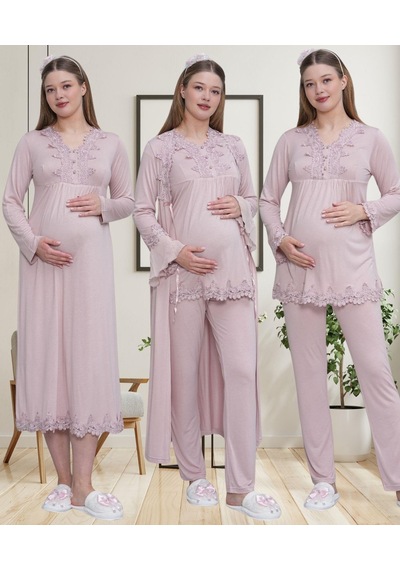 Mecit Pijama Mecit 1519 Gül Kurusu Lohusa Sabahlık Gecelik Pijama Set