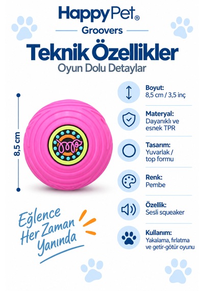Happy Pet Groovers Tpr Dayanıklı Sesli Köpek Topu Oyuncağı 8,5 Cm Pembe