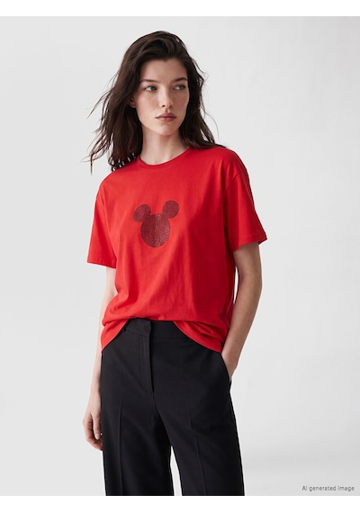 Lcw Comfort Kırmızı Mickey Mouse Baskılı %100 Pamuklu Kadın Tişört