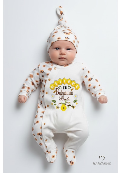 Babyden's Babasının Balı Yazılı Yenidoğan Bebek Tulumu Şapka Seti Arı Desenli %100 Pamuk Unisex Bebek Tulum Ekru - Sarı