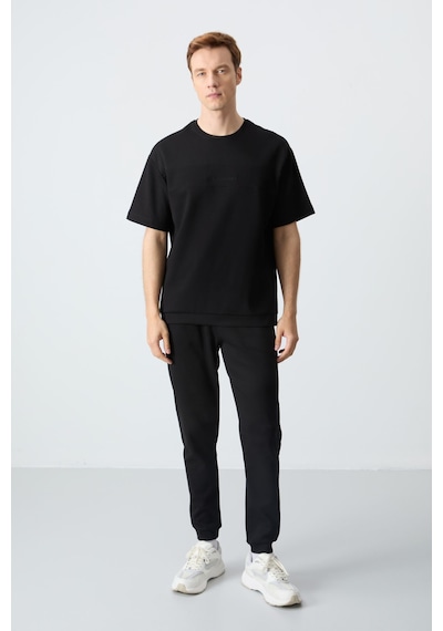 Tommy Life Siyah Pamuklu Kalın Yumuşak Dokulu Oversize Fit Basic Erkek Eşofman Takım - 85261 Siyah
