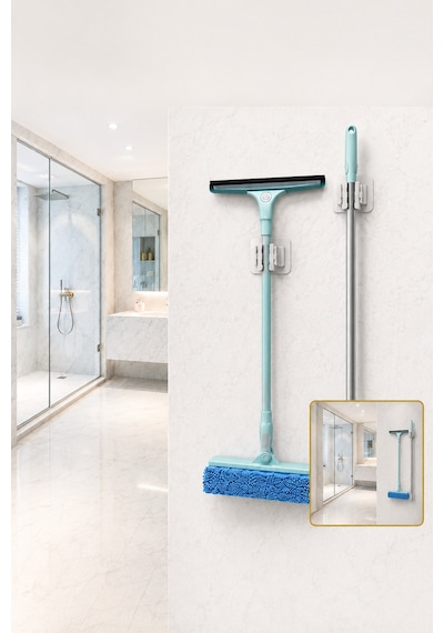 Mainshop 2 Li Paket Yapışkanlı Mop Süpürge Tutucu - Delmesiz Paspas Askısı M-310 Beyaz