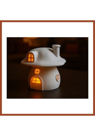 Bezos 3d Baskı Mantar Ev Tealight Mumluk Bacalı Pencereli Dekoratif Gece Lambası Çocuk Odası Süsü Beyaz Pro