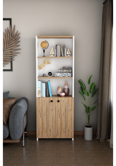 Kapaklı Çok Amaçlı Salon Dolabı 150x50x22 Cm Raflı Kitaplık Dekoratif Depolama Ünitesi Atlantik Çam - Beyaz