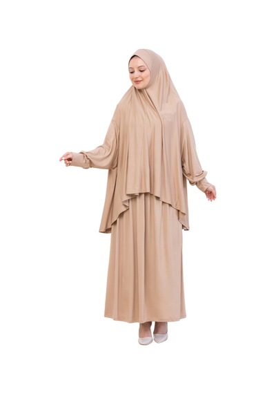 Modish Group İki Parça Namaz Elbisesi Uzun Pamuklu Tesettür Giyim Abaya & Başörtüsü Set Koyu Vizon