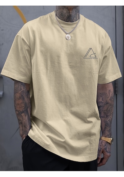 Unisex Think Outside The Box Baskılı Oversize Tshirt Bej