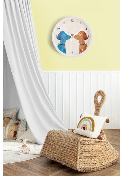 Sevimli Köpekler Modern Duvar Saati - 30cm - Önü Camlı Beyaz Kasa - Sessiz Mekanizma Beyaz
