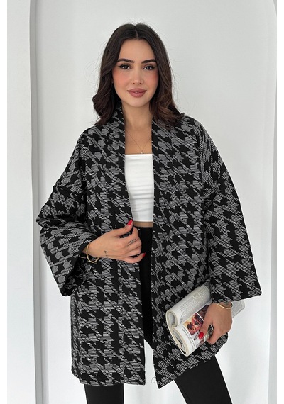 Asprin Fashion Kazayağı Desenli Kimono Siyah Siyah