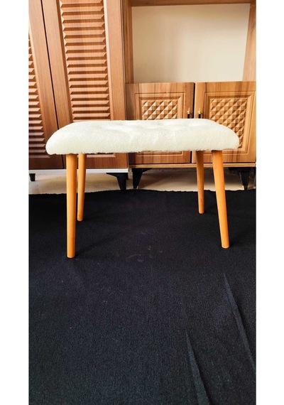 Ahşap Ayaklı Tedy Kumaş Dekoratif Puf Bench Makyaj Sandalyesi Oval Beyaz