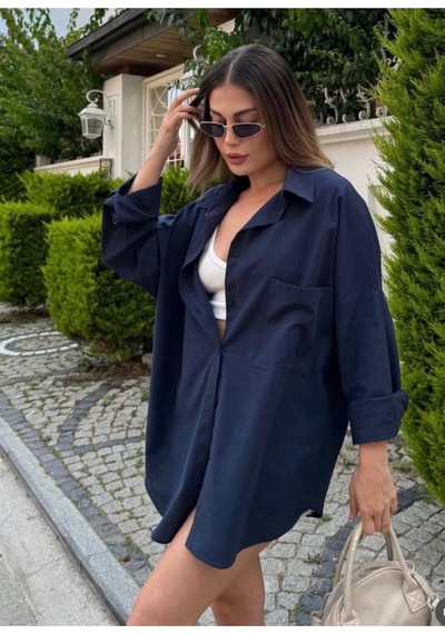 Rouge Basıc Oversize Keten Dokulu %100 Pamuk Salaş Gömlek Lacivert