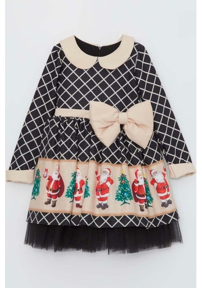 Riccotarz Kız Çocuk Ekose Detaylı Noel Baba Baskılı Bebe Yaka Noel Siyah Elbise Siyah