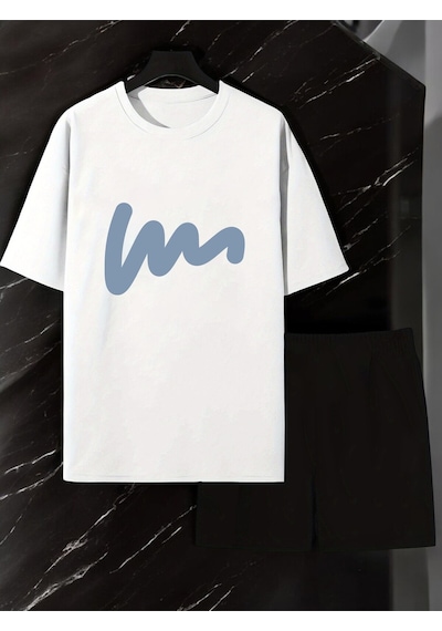 Uyguntarz Unisex W Yazı Tasarım Basklı Tshirt Şort Takımı Beyaz