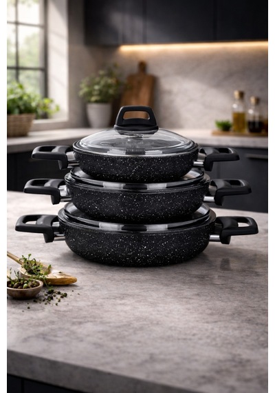 Stone 6 Parça Granit Ezme Cam Kapaklı Sahan Omlet Seti Siyah 18/20/22 Cm Yapışmaz