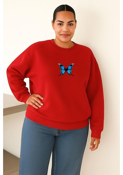 Benroma 3 İplik Penye Kelebek Baskılı Büyük Beden Unisex Sweatshırt Kırmızı