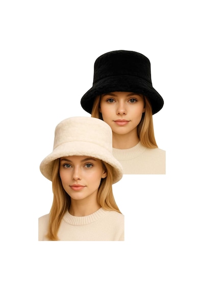 Uniquetrenders Kadın Ayarlanabilir Peluş Bucket Kova Şapka 2'li Set Siyah - Ekru
