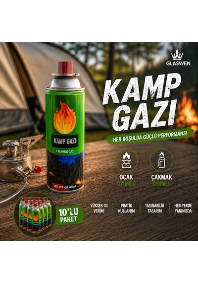 10 Adet Kamp Gazı Gaz Tüpü Portatif Ocak Kartuşu Tek Kullanımlık Pürmüz 400 Ml 227 Gr Yeşil
