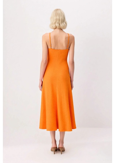 Benerly Kadın İnce Askılı V Yaka Dokulu Bodycon Maxi Elbise Astarsız Raha Turuncu