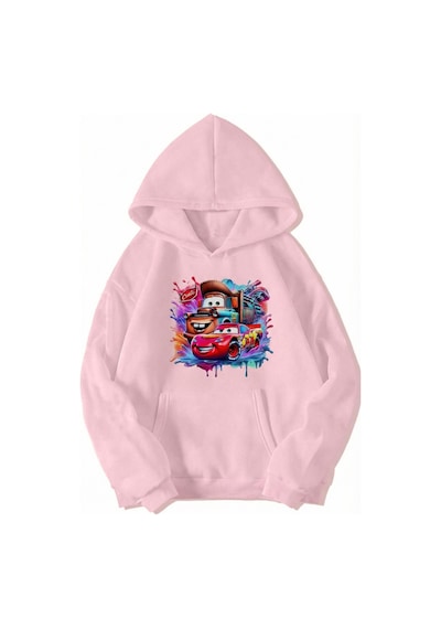 Brz Collection Unisex Oversize - Cars - Mcqueen & Tow Mater Best Friends Hoodie Açık Pembe Açık Pembe