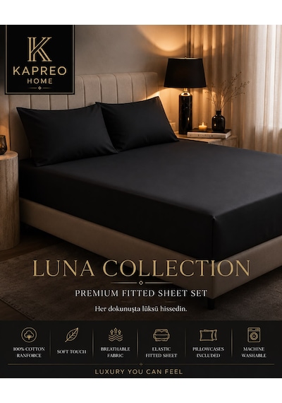 Kapreo Home Luna Collection Premium Lastikli Çarşaf Seti 180 X 200 Siyah