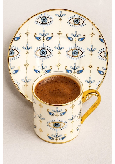 Altın Yaldızlı Nazar Göz Desenli 6 Kişilik Porselen Fincan Takımı 12 Parça Şık Sunum Seti Evil Eye Desenli